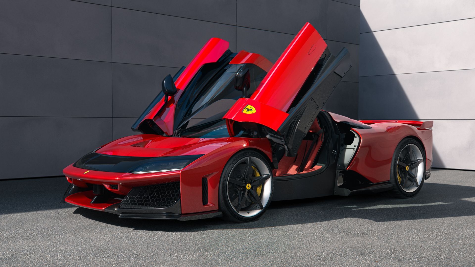 Front three-quarters shot of a red Ferrari F80