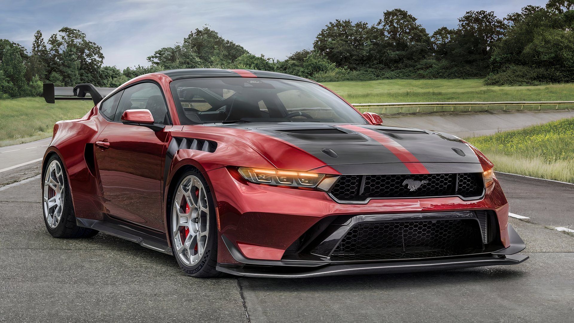 Front three-quarter view of a red Ford Mustang GTD