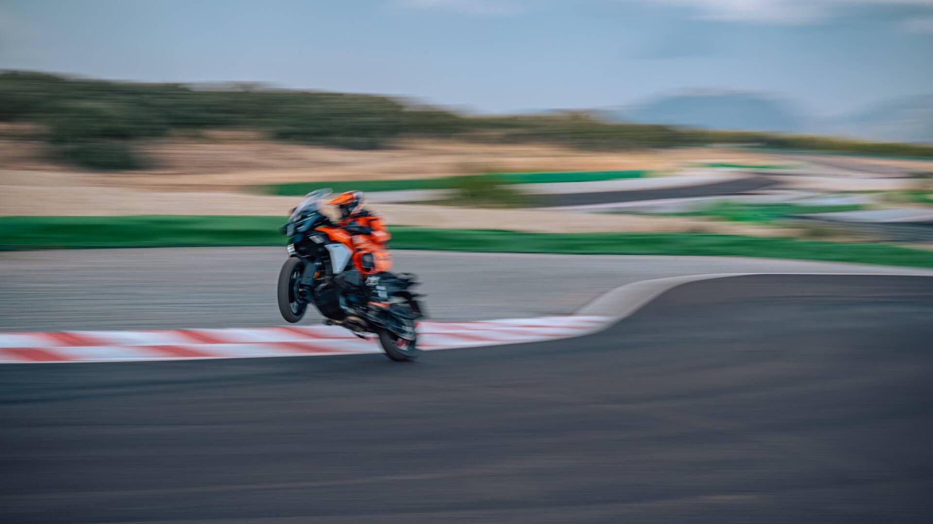 KTM 1390 Super Adventure S Evo action shot wheelie