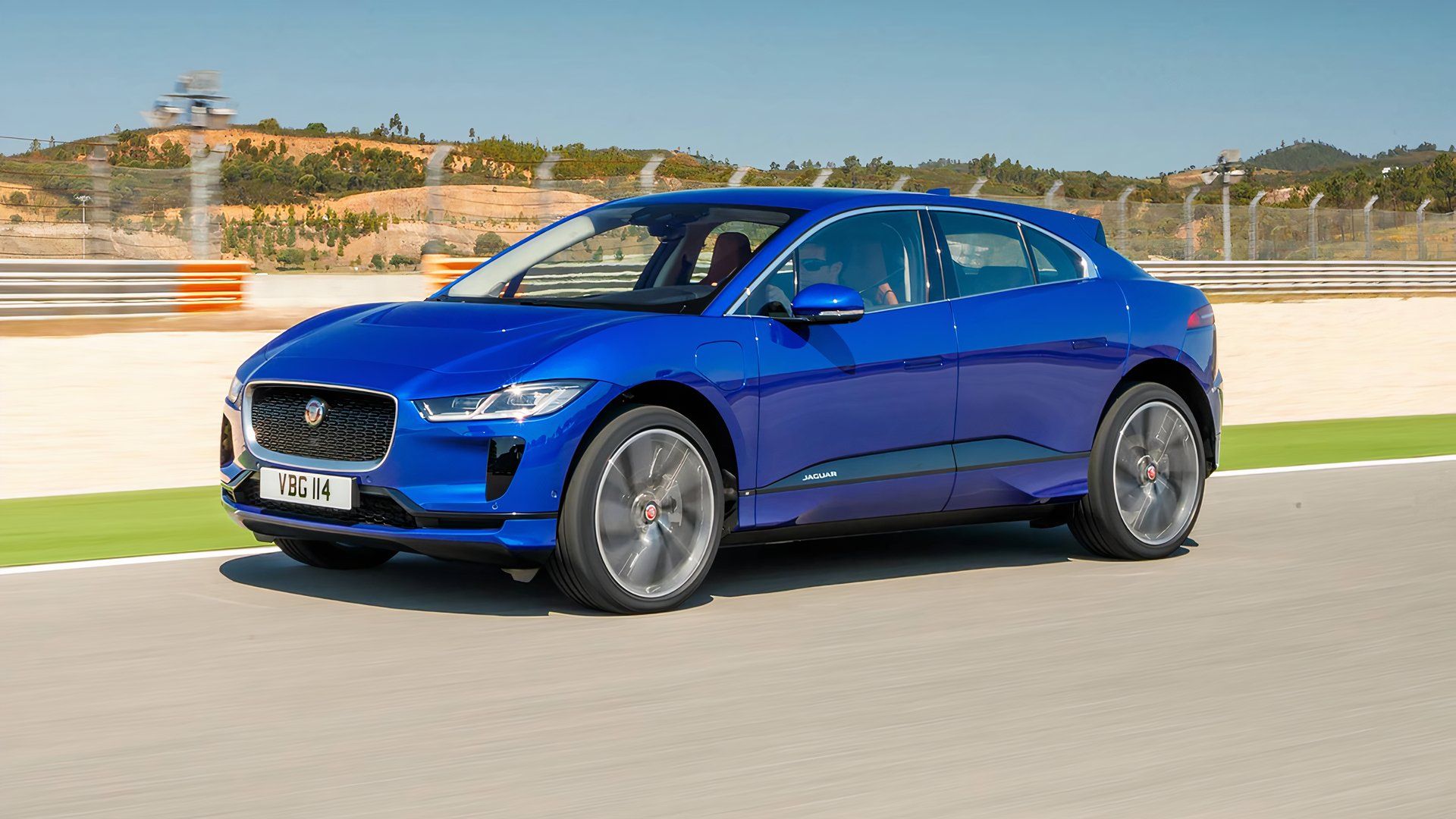 A front, left hand-side, three-quarter shot of a 2023 Jaguar I-Pace