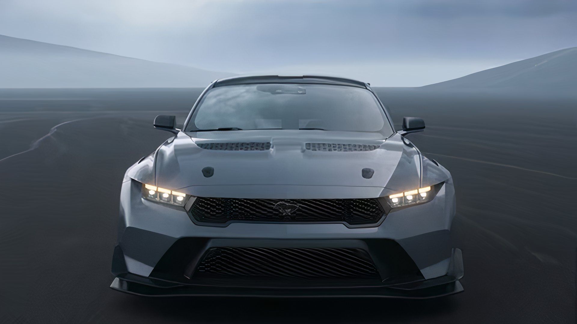 2025 Ford Mustang GTD in gray posing on misty road