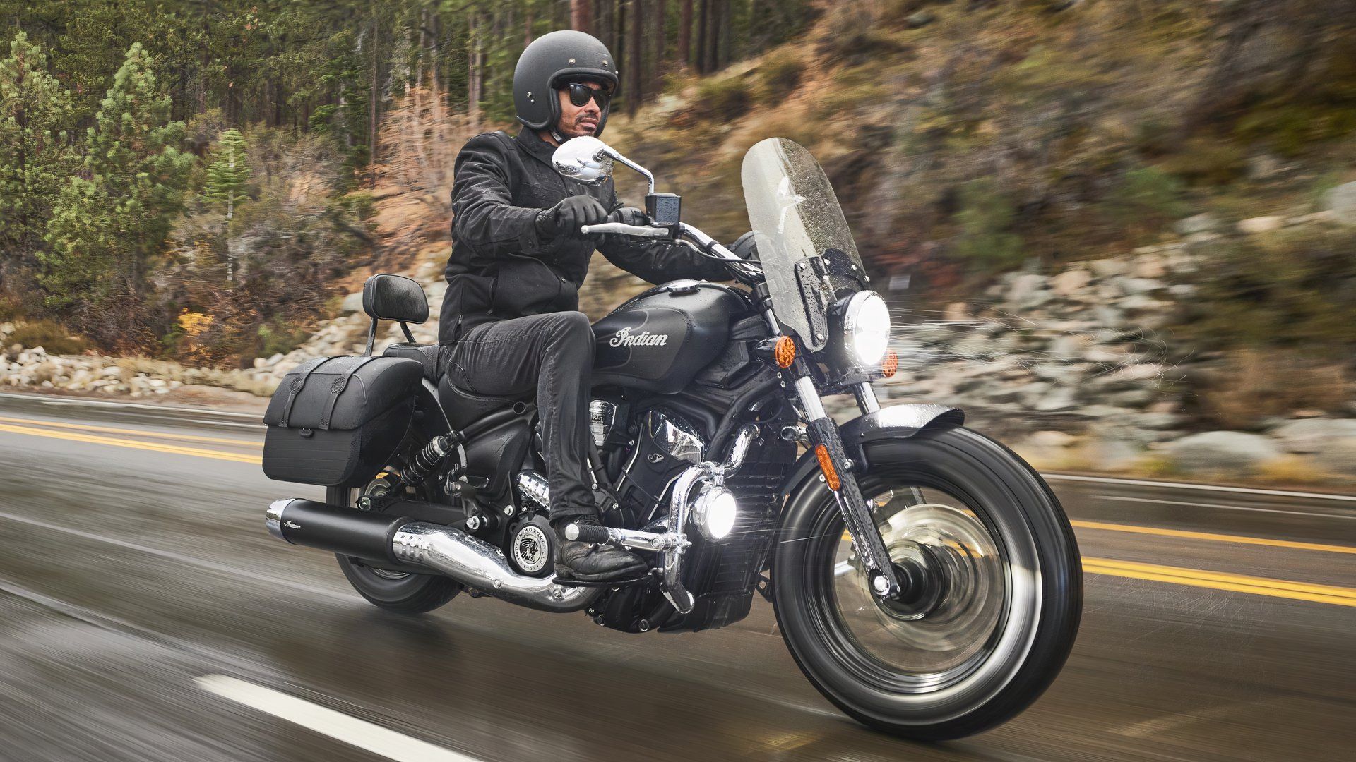 2025 Indian Super Scout on the road accelerating view