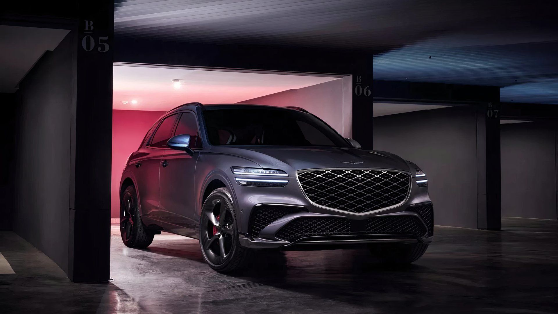 Foto frontal 3/4 de um Genesis GV70 2026