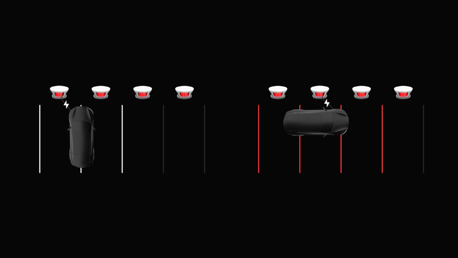 Um diagrama que mostra como estacionar em uma estação Tesla Supercharger com uma porta de carregamento no local errado
