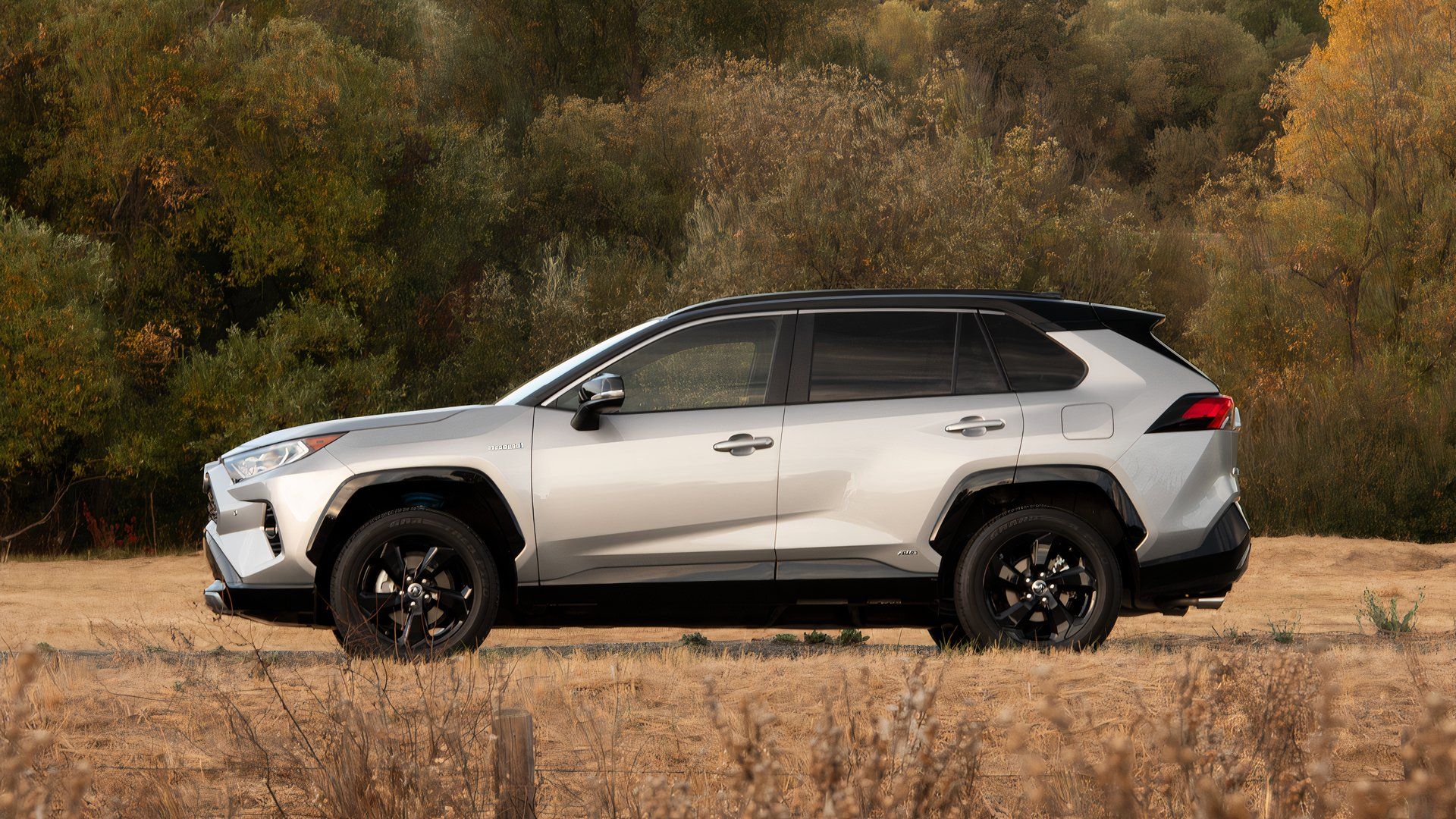 Foto do perfil lateral de um Toyota RAV4 Hybrid XSE 2020