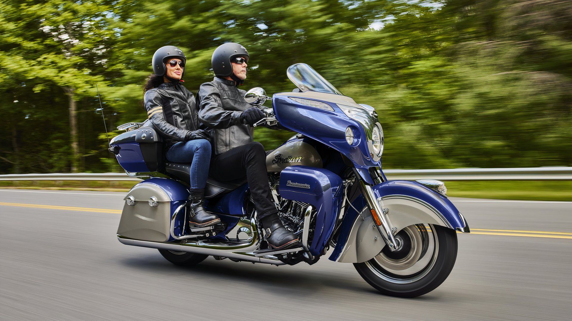 2024 Indian Roadmaster in blue front third quarter rolling view