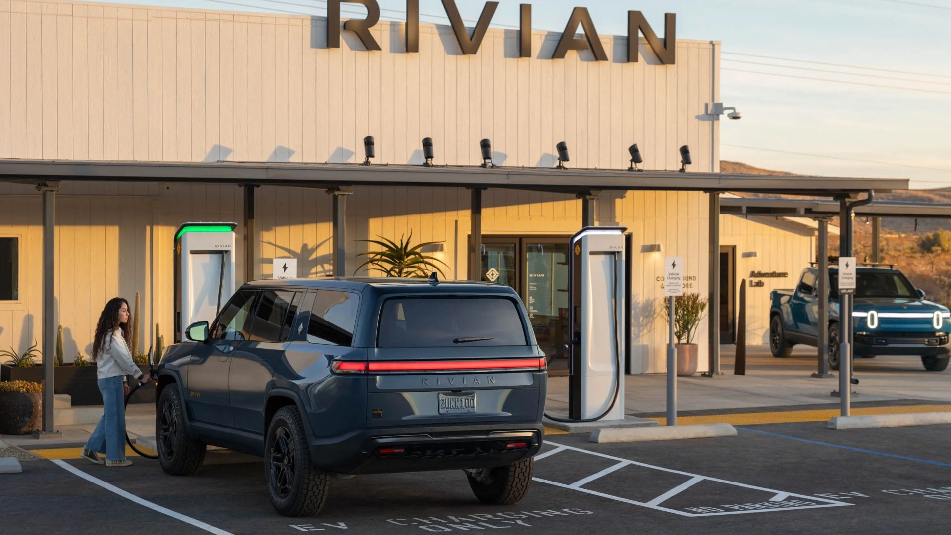 Photo of Rivian vehicles charging at Joshua Tree Charging Outpost