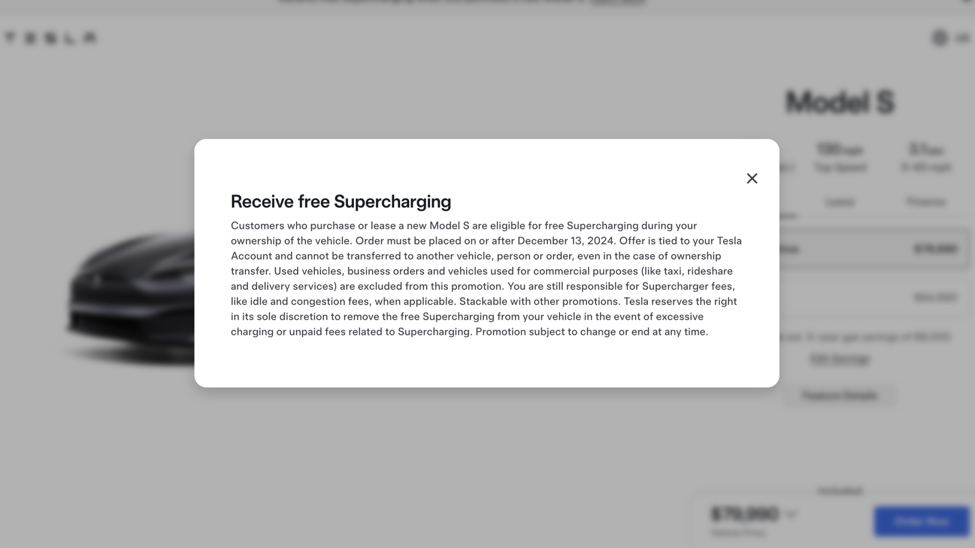 Screenshot showing Tesla Model S free supercharging promotion on company website
