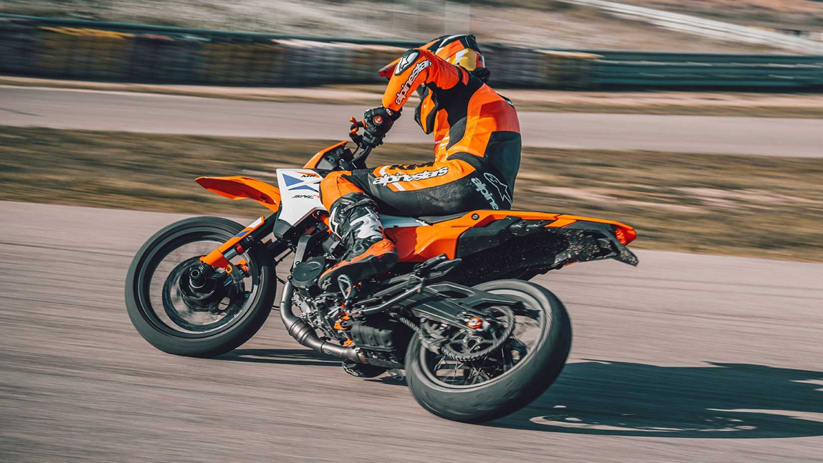 2025 KTM 390 SMC R on the race track that slips on racing track