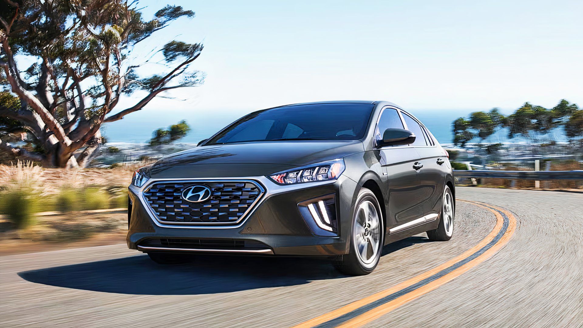 A gray 2022 Hyundai Ioniq small hybrid car. 