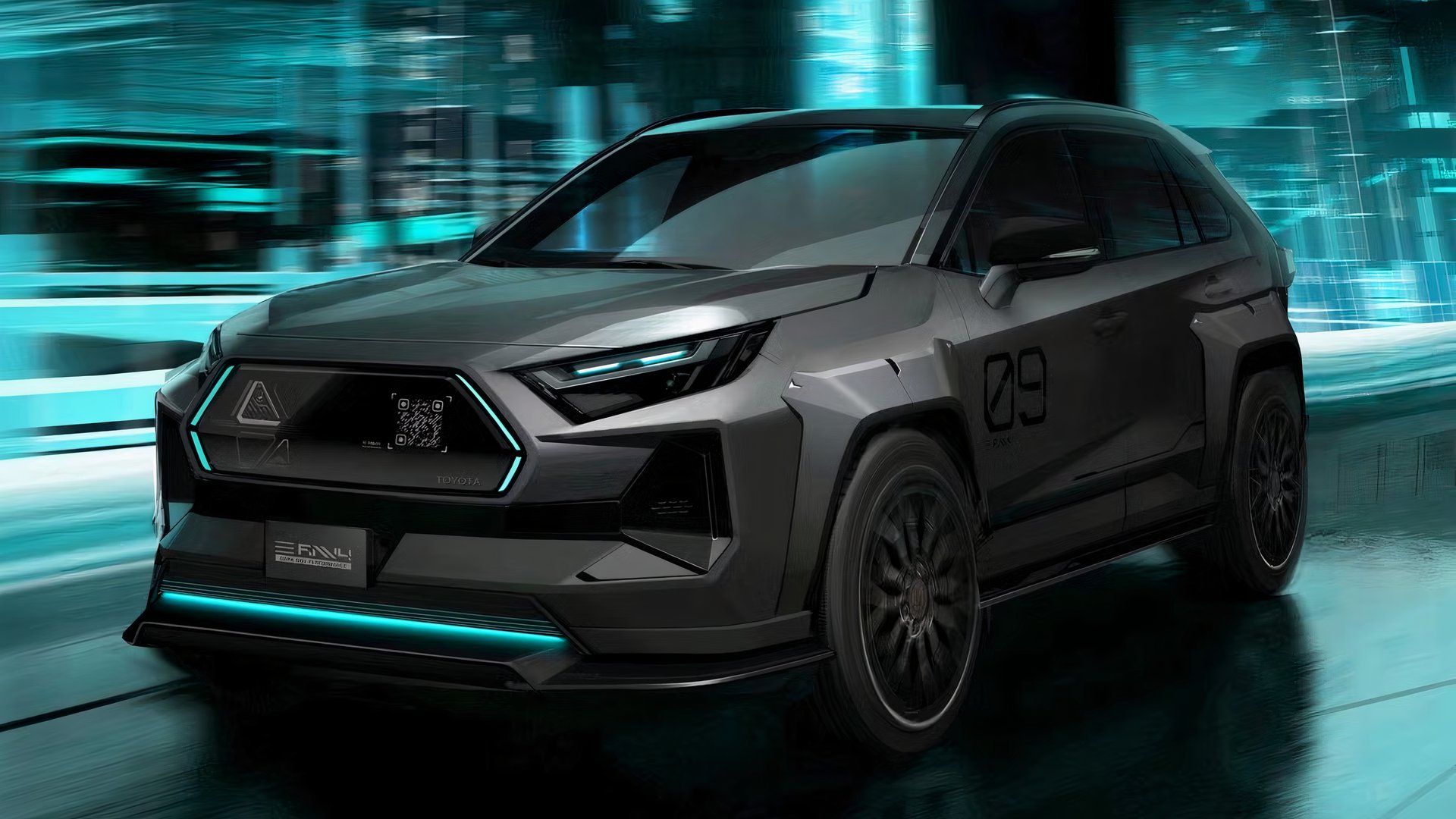 Front three-quarters shot of a Toyota RAV4 Dark Side Performance Concept