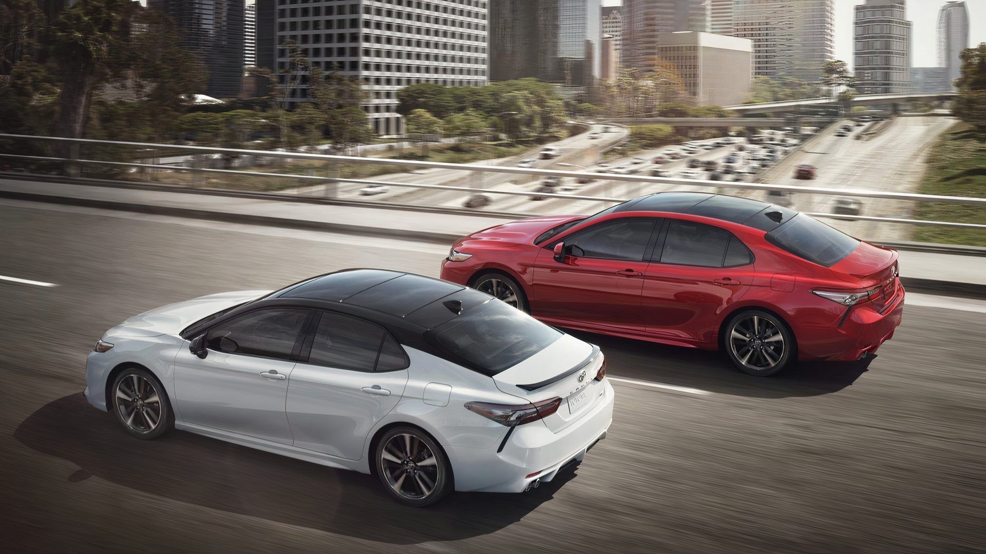 Ariel shot of two 2018 Toyota Camry