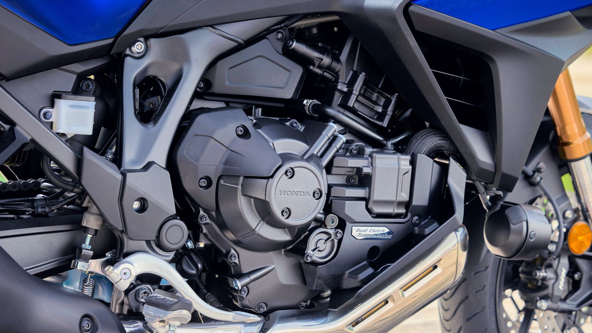 Accessorized 2025 Honda NT1100 DCT engine close-up detail - European model shown