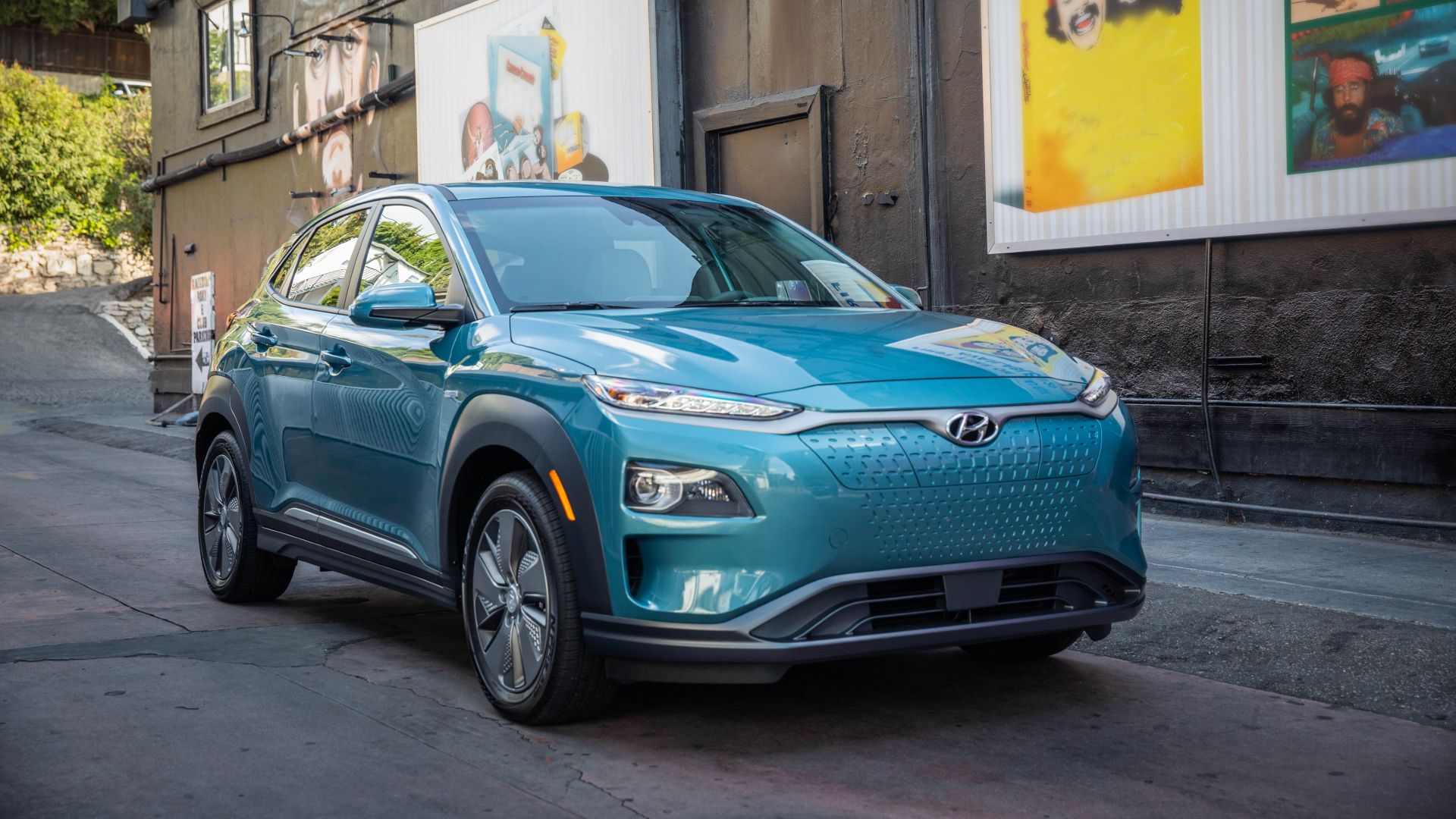 2020 Kona Electric Exterior Parked On Side Of A Building