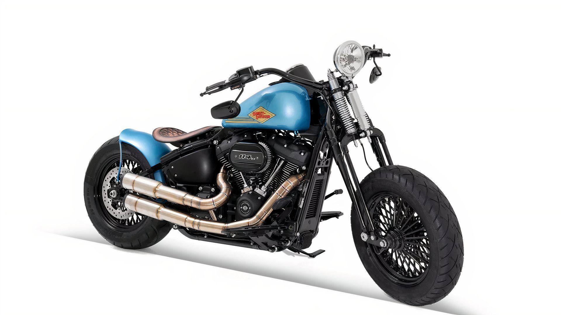 Custom 1950s-vibing Harley-Davidson Street Bob looks gorgeous front third quarter view