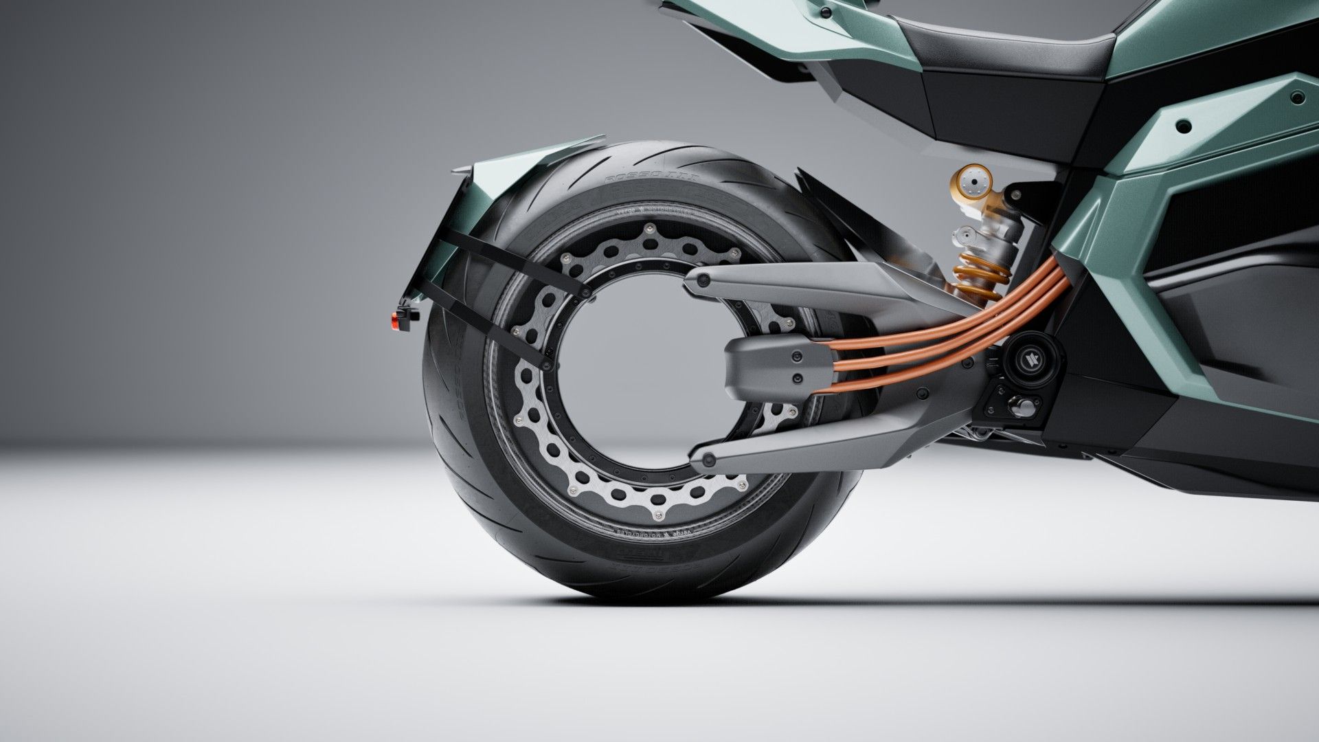 Verge TS Ultra rear hubless wheel with integrated motor side profile close-up shot