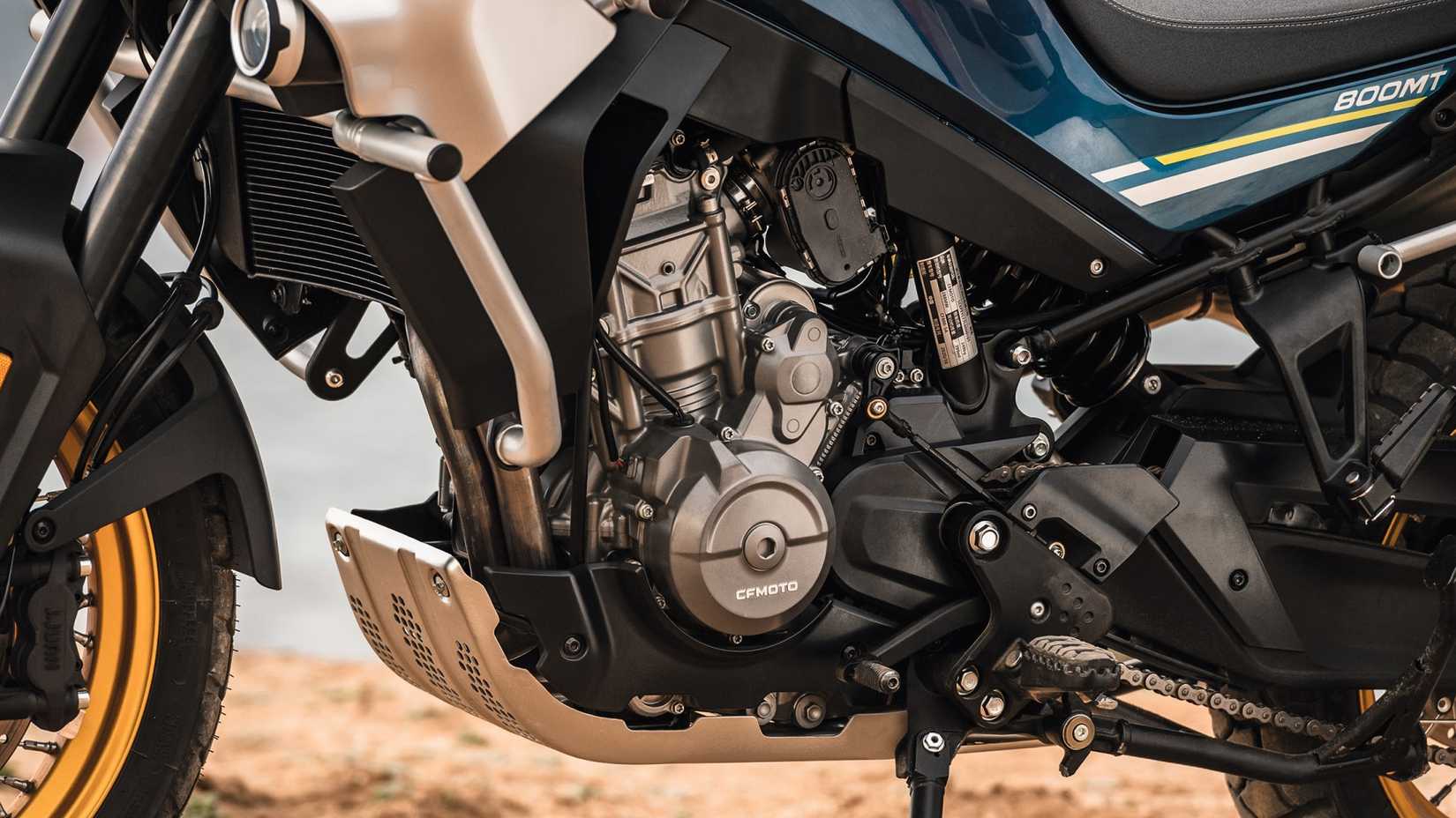 2025 CFMoto Ibex 800 E parallel-twin engine close-up shot