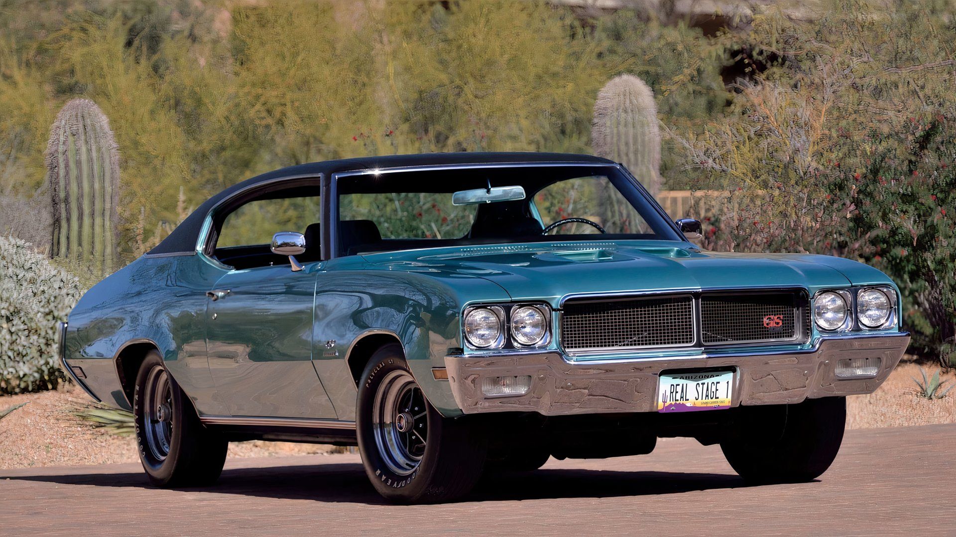 3/4 front view of blue 1970 Buick GS 455