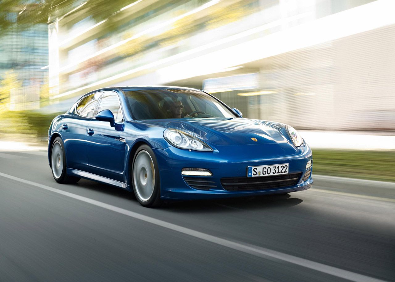 2014 blue Porsche Panamera Plug-In Hybrid driving
