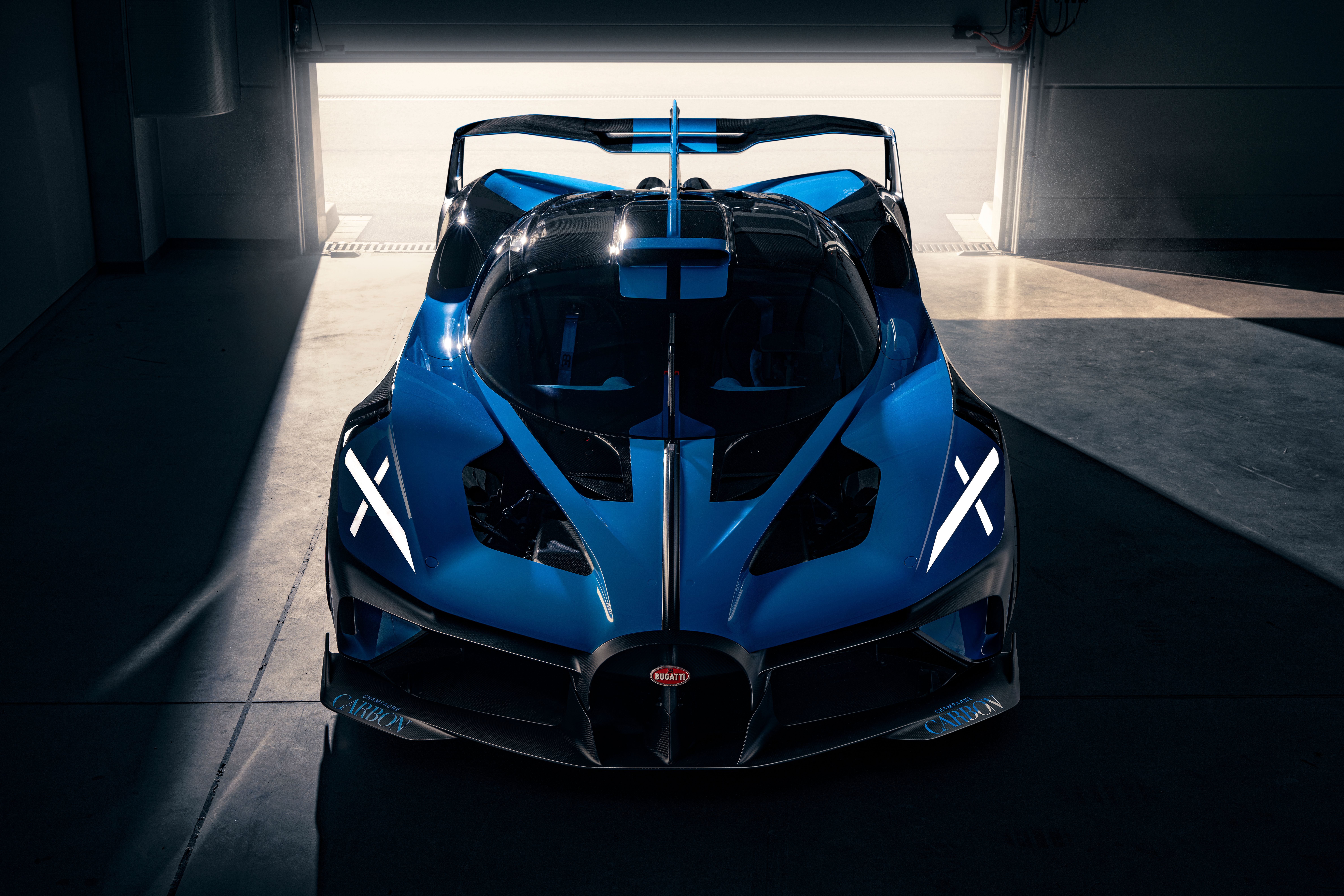 A blue Bugatti Bolide