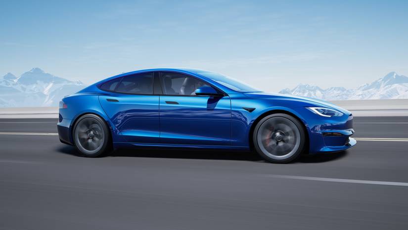 A blue Tesla Model S Plaid