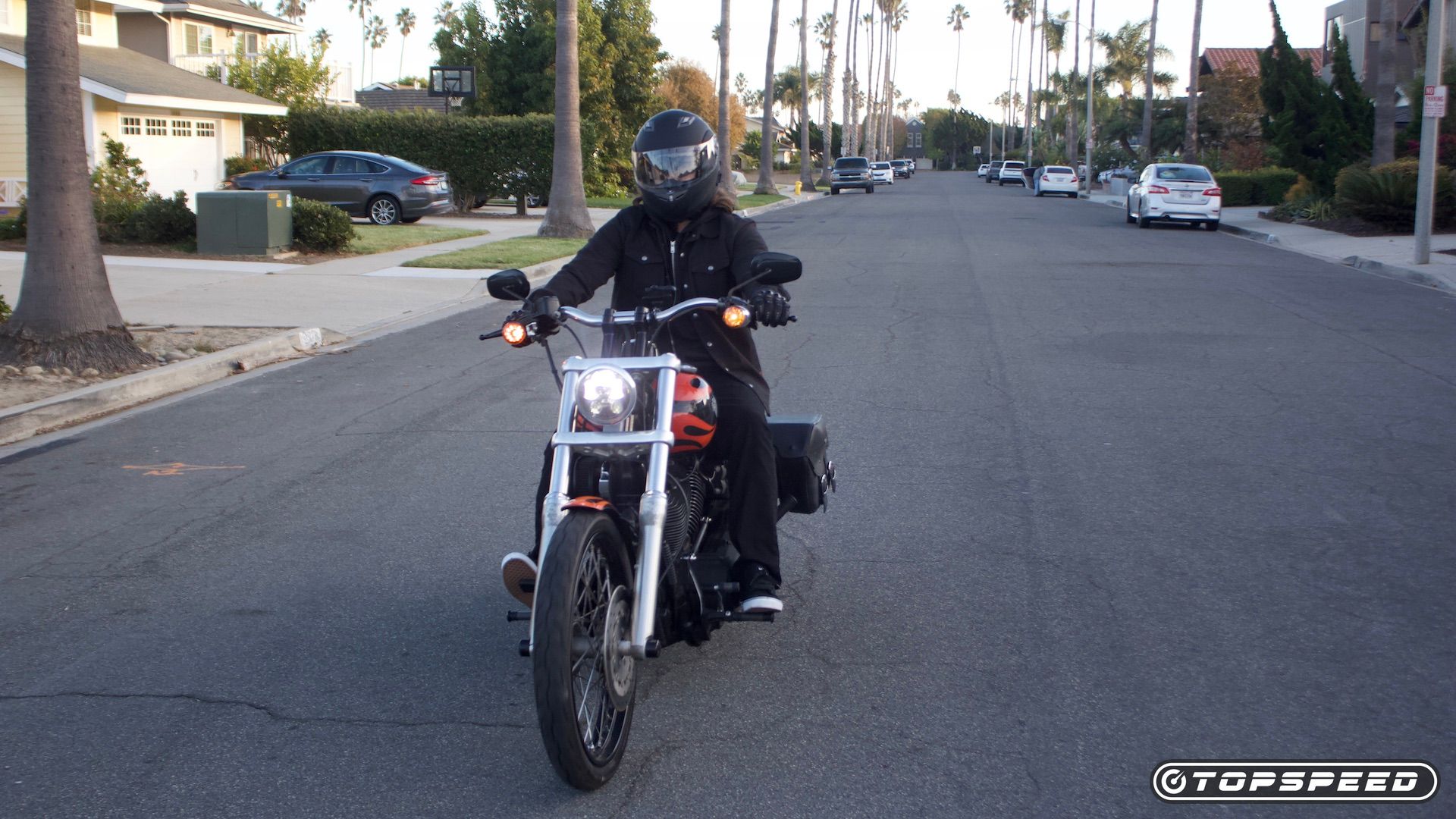 Hunter Wooden wearing ILM 953 Pro helmet riding Harley Davidson Dyna Wide Glide