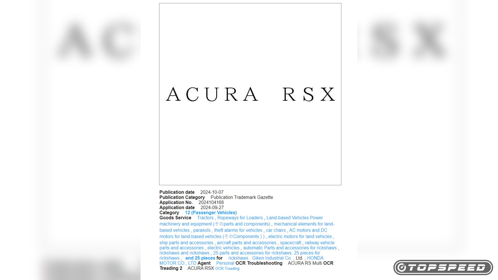 Registro de marca registrada Acura RSX em outubro de 2024 - Chizai-Watch