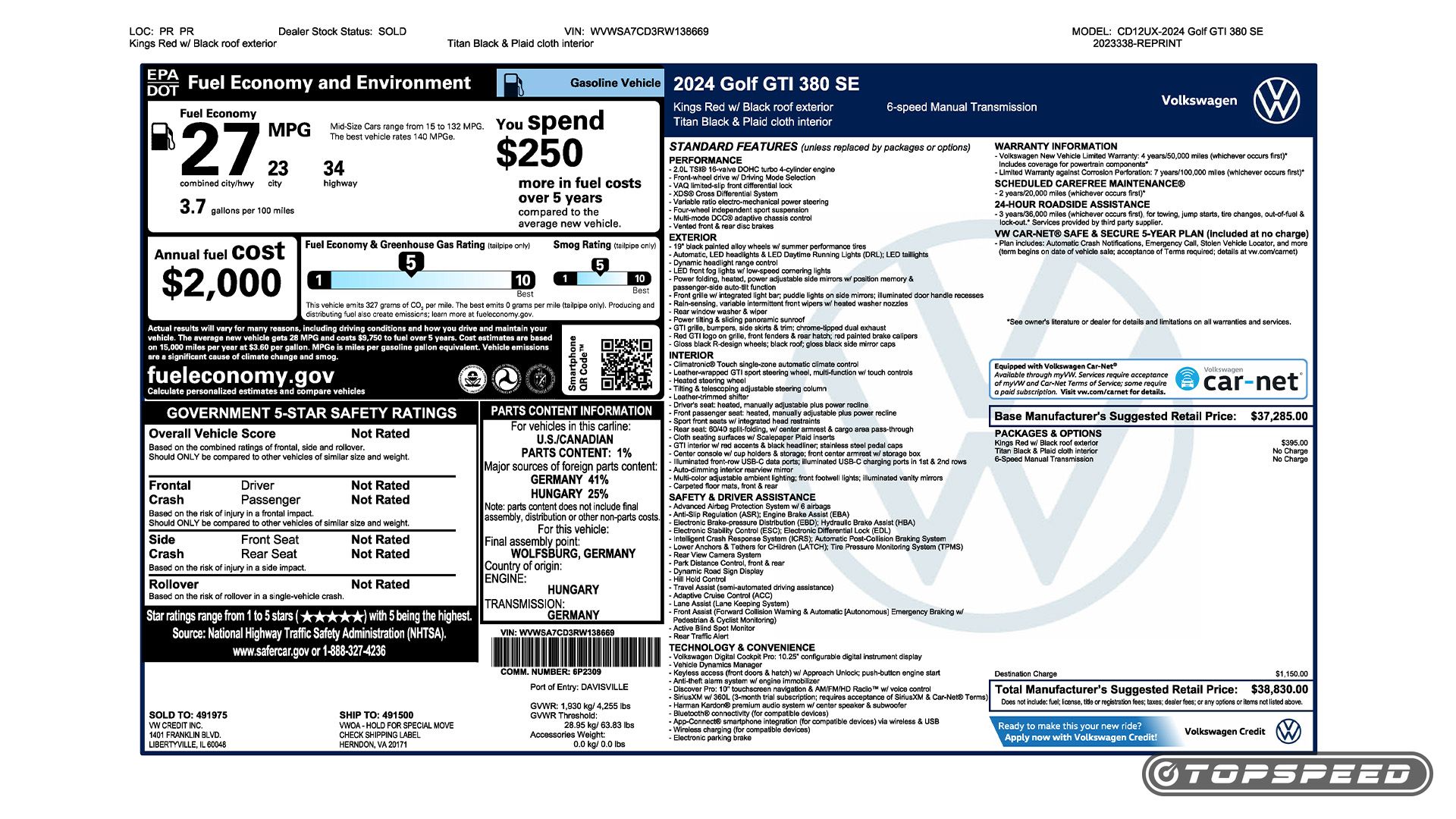 2024 Volkswagen Golf GTI 380 SE Monroney