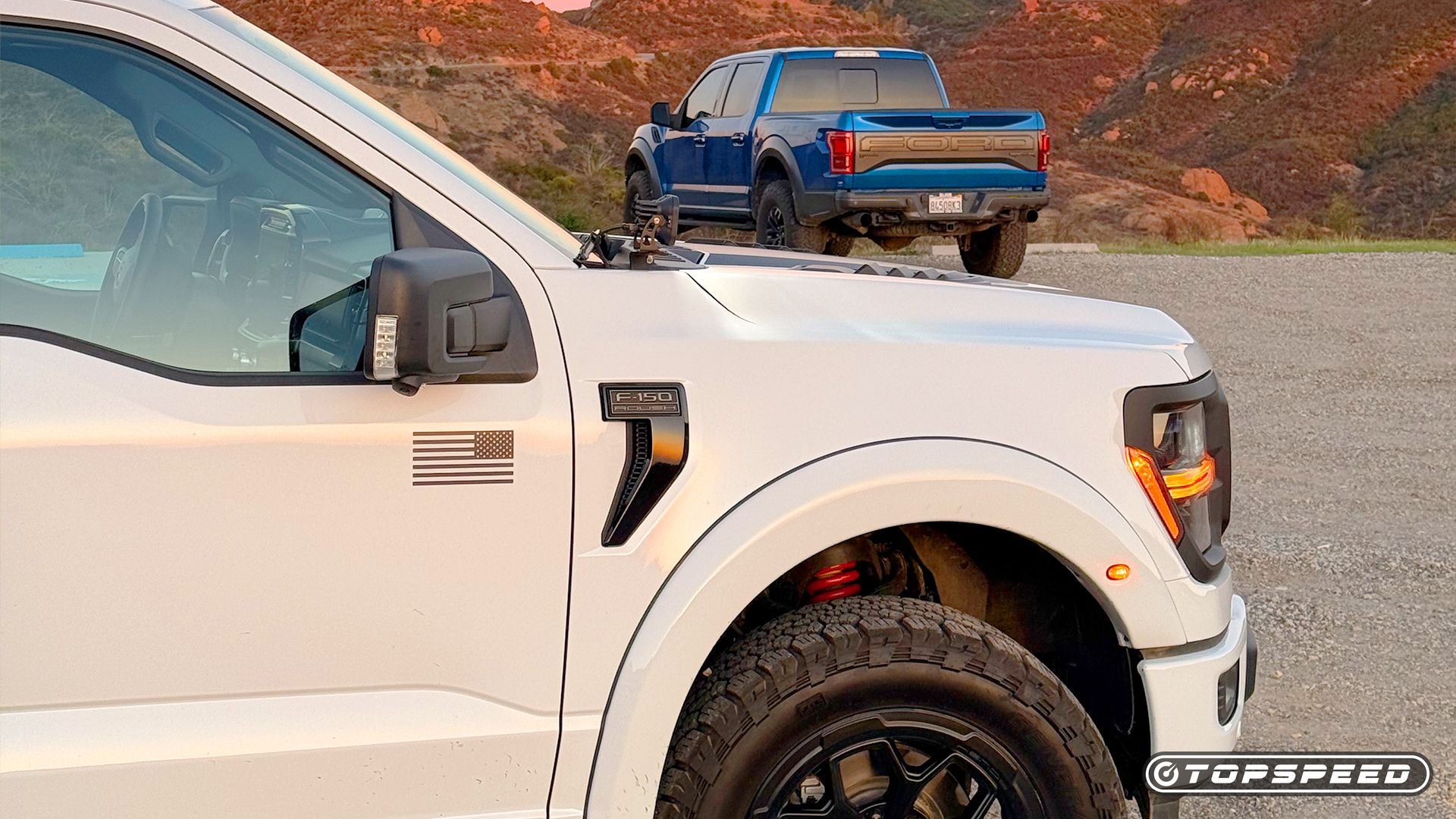 2025 white Roush F-150 and Raptor